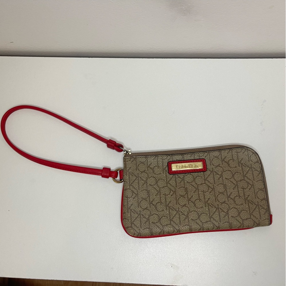 Calvin Klein red brown tan wristlet wallet